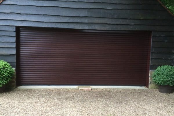 Aluroll roller door in mahogany